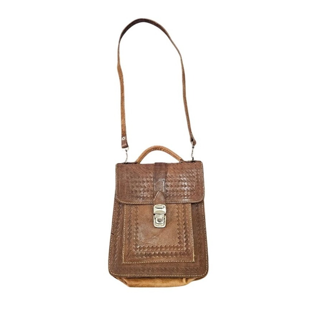 Vintage Hand Tooled Leather Crossbody Bag Tan Western Satchel Messenger Bag